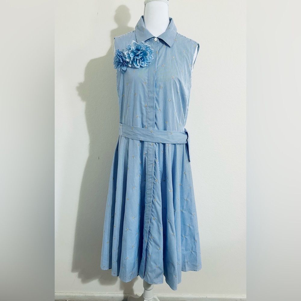 BADGLEY MISCHKA NEW SKY BLUE STRIPE FLORAL GOLD EMBROID MIDI DRESS 10 - Picture 11 of 13